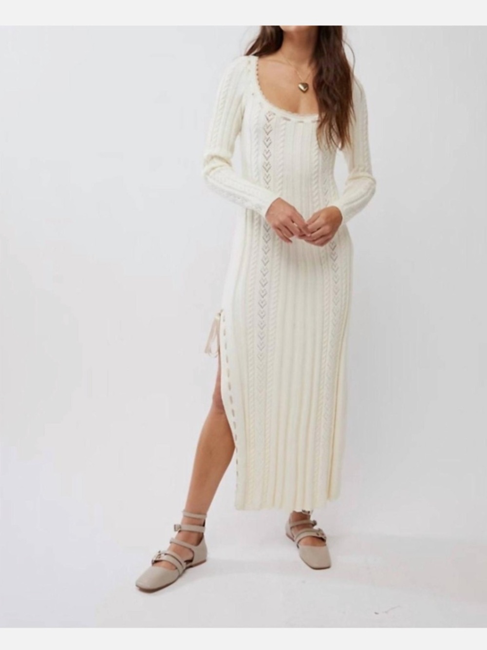 Free People Cream Ribbed Knit Long Sleeve Maxi Dress